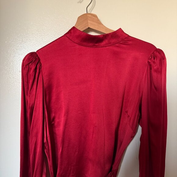 Reformation Josefine Red Silk Mock Neck Wrap Mini Dress US 12 - Picture 3 of 11
